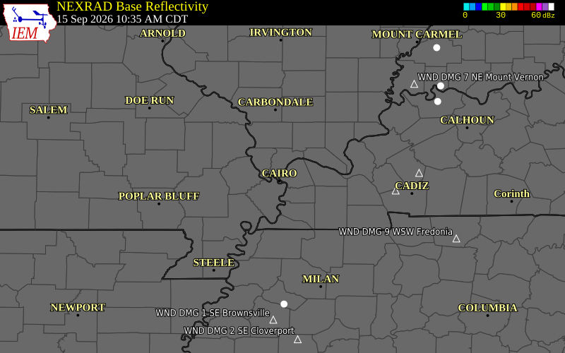 Current NEXRAD radar over Stoddard County, Missouri with recent storm report locations