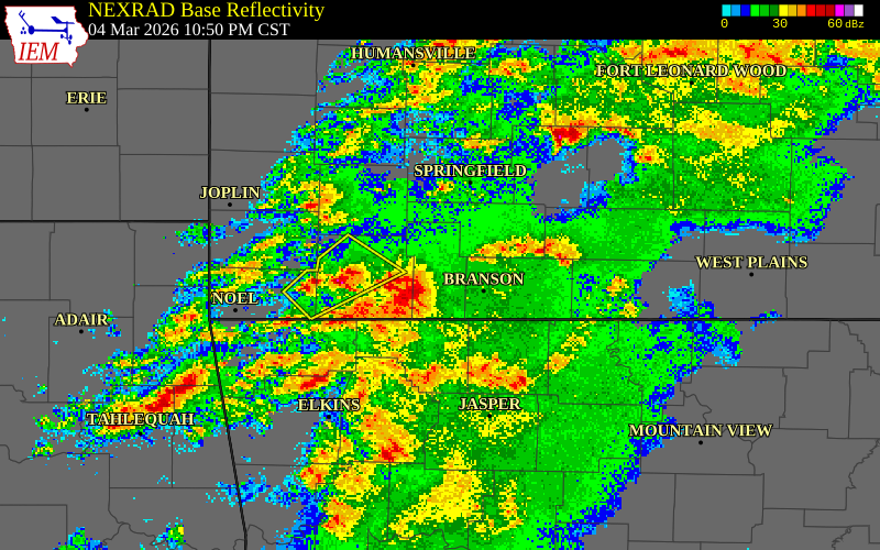 NEXRAD radar during the Wednesday, March 4, 2026 storm activity in Stone County, Missouri