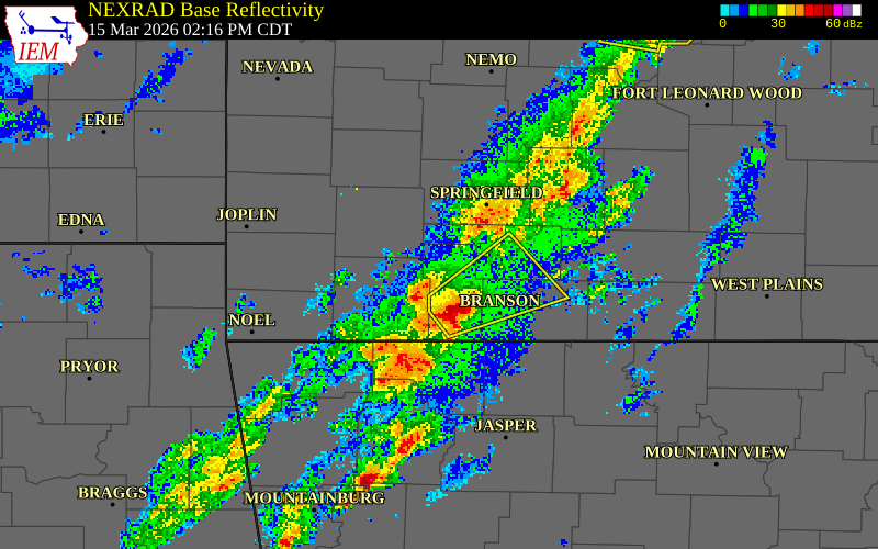 NEXRAD radar during the Sunday, March 15, 2026 storm activity in Stone County, Missouri