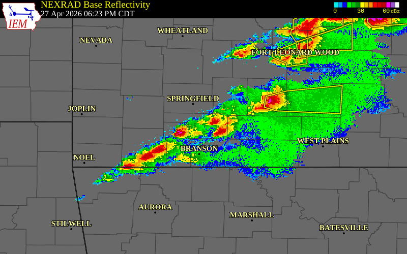 NEXRAD radar during the Monday, April 27, 2026 storm activity in Stone County, Missouri