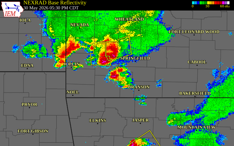 NEXRAD radar during the Saturday, May 30, 2026 storm activity in Stone County, Missouri