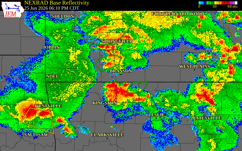 NEXRAD radar during the Thursday, June 25, 2026 storm activity in Stone County, Missouri