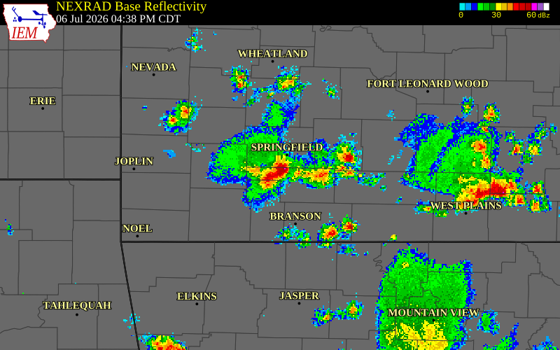 NEXRAD radar during the Monday, July 6, 2026 storm activity in Stone County, Missouri