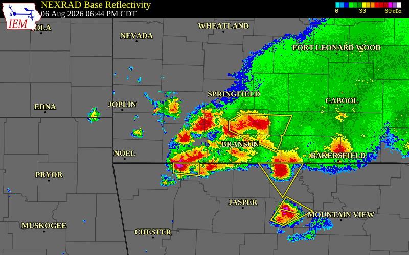 NEXRAD radar during the Thursday, August 6, 2026 storm activity in Stone County, Missouri