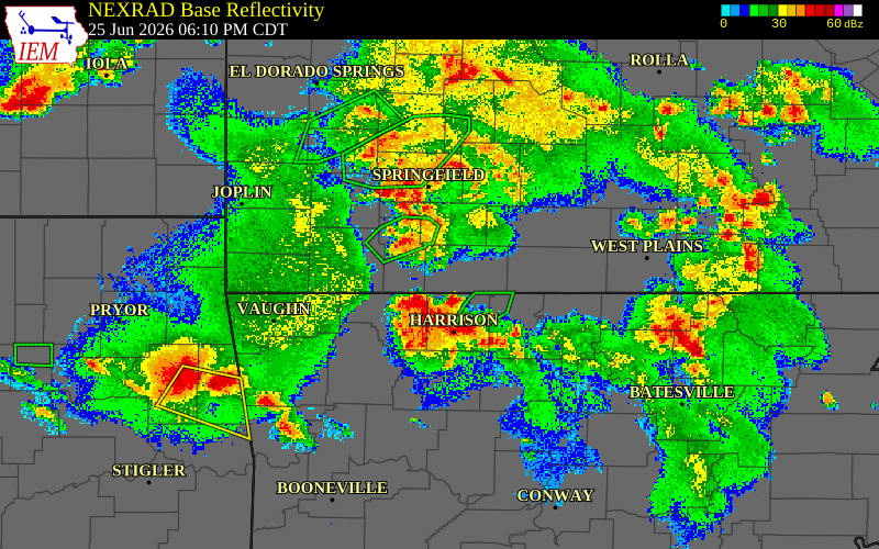 Radar snapshot during the Jun 25, 2026 wind event near Stone County, Stone County, Missouri, with NWS warning polygons