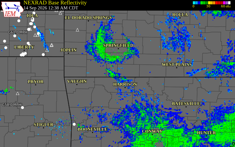 Current NEXRAD radar over Stone County, Missouri with recent storm report locations