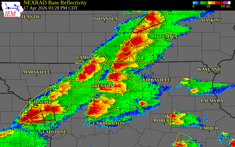 NEXRAD radar during the Friday, April 17, 2026 storm activity in Sullivan County, Missouri