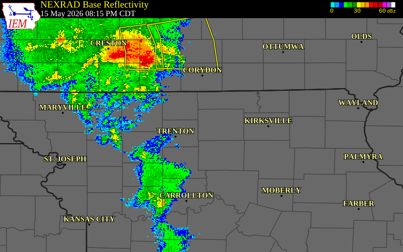 NEXRAD radar during the Friday, May 15, 2026 storm activity in Sullivan County, Missouri