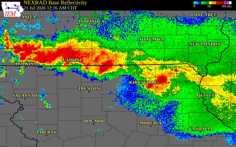 NEXRAD radar during the Tuesday, July 21, 2026 storm activity in Sullivan County, Missouri