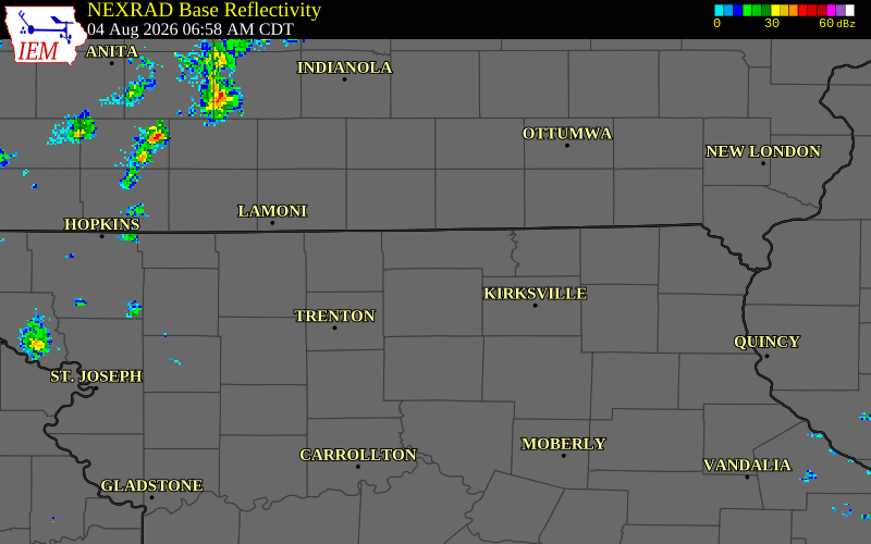 NEXRAD radar during the Tuesday, August 4, 2026 storm activity in Sullivan County, Missouri
