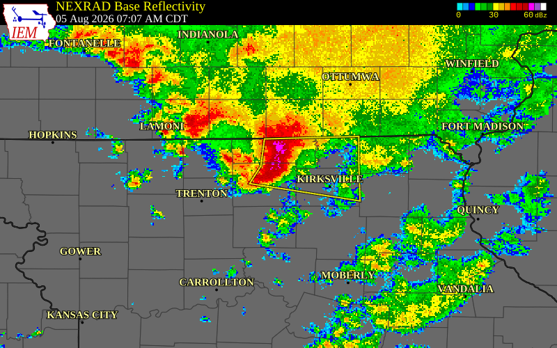NEXRAD radar during the Wednesday, August 5, 2026 storm activity in Sullivan County, Missouri