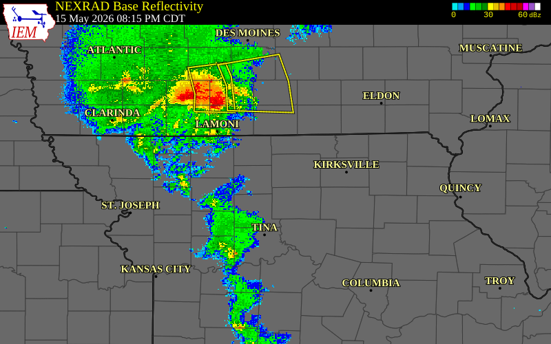 Radar snapshot during the May 15, 2026 hail event near 1 E Osgood, Sullivan County, Missouri, with NWS warning polygons