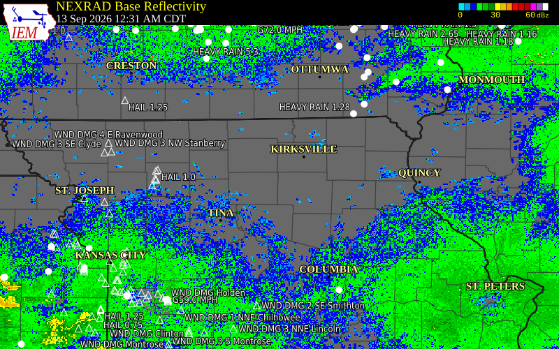 Current NEXRAD radar over Sullivan County, Missouri with recent storm report locations