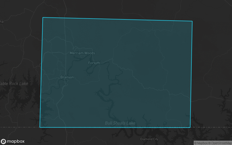 Map of Taney County, Missouri showing the county boundary and surrounding cities