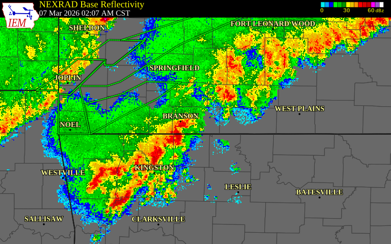 NEXRAD radar during the Saturday, March 7, 2026 storm activity in Taney County, Missouri