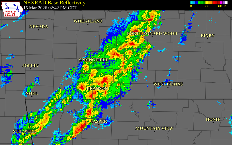 NEXRAD radar during the Sunday, March 15, 2026 storm activity in Taney County, Missouri