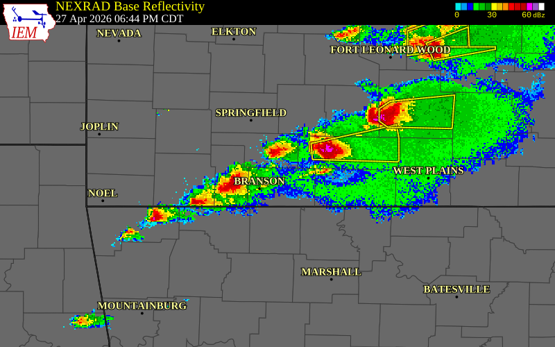 NEXRAD radar during the Monday, April 27, 2026 storm activity in Taney County, Missouri