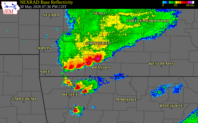 NEXRAD radar during the Saturday, May 30, 2026 storm activity in Taney County, Missouri