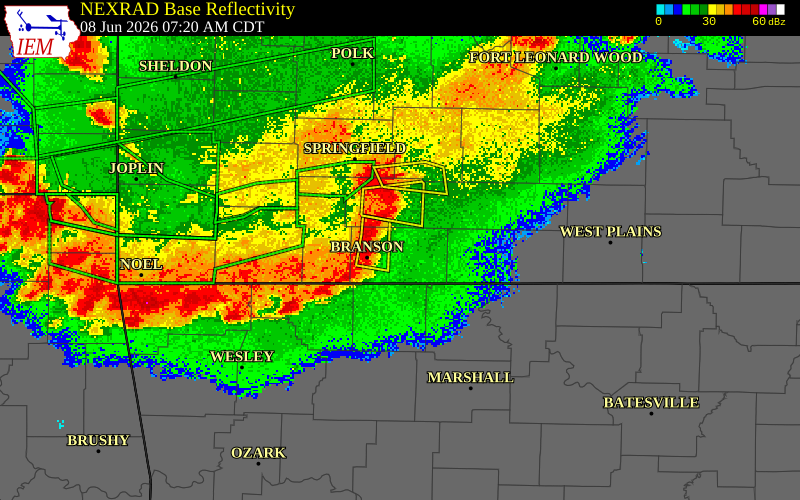 NEXRAD radar during the Monday, June 8, 2026 storm activity in Taney County, Missouri