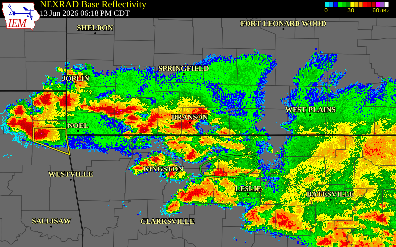 NEXRAD radar during the Saturday, June 13, 2026 storm activity in Taney County, Missouri