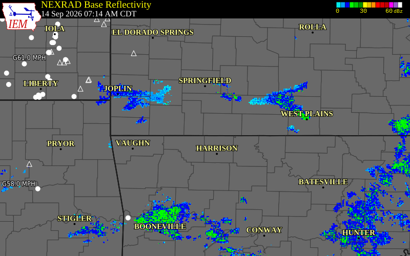 Current NEXRAD radar over Taney County, Missouri with recent storm report locations