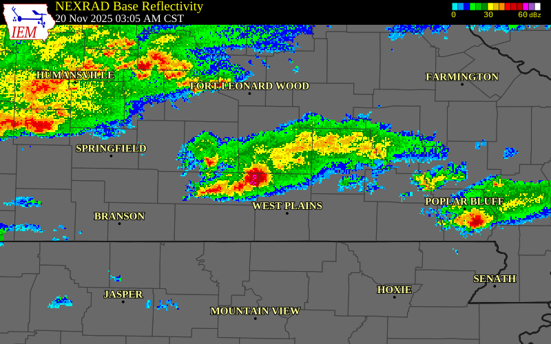 NEXRAD radar during the Thursday, November 20, 2025 storm activity in Texas County, Missouri
