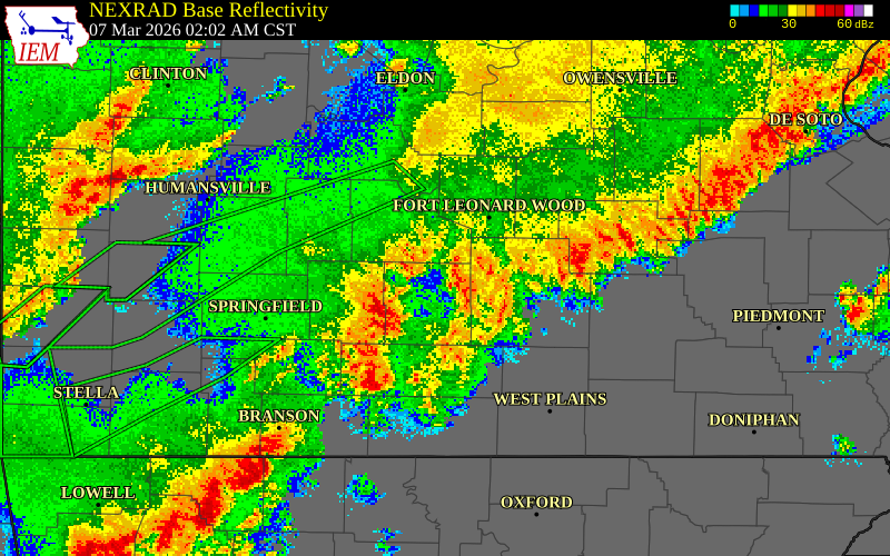NEXRAD radar during the Saturday, March 7, 2026 storm activity in Texas County, Missouri