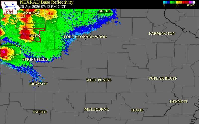 NEXRAD radar during the Sunday, April 26, 2026 storm activity in Texas County, Missouri