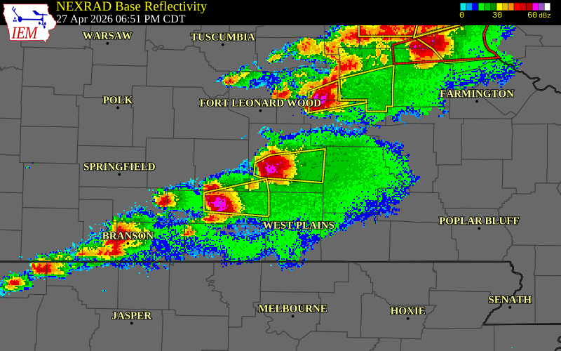 NEXRAD radar during the Monday, April 27, 2026 storm activity in Texas County, Missouri