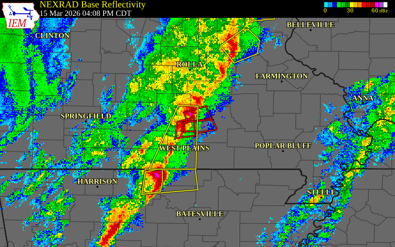 Radar snapshot during the Mar 15, 2026 tornado event near 1 S Summersville, Texas County, Missouri, with NWS warning polygons