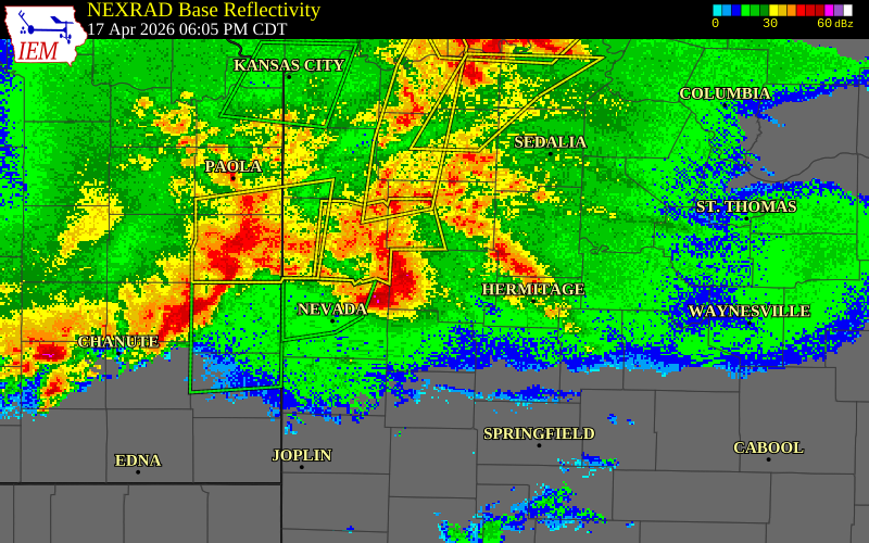 NEXRAD radar during the Friday, April 17, 2026 storm activity in Vernon County, Missouri