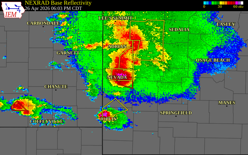 NEXRAD radar during the Sunday, April 26, 2026 storm activity in Vernon County, Missouri