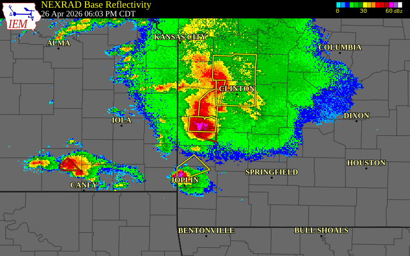 Radar snapshot during the Apr 26, 2026 hail event near Walker, Vernon County, Missouri, with NWS warning polygons