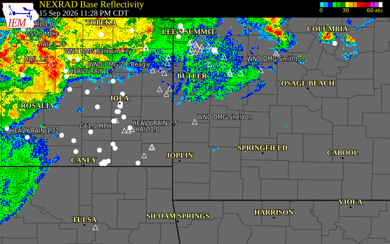 Current NEXRAD radar over Vernon County, Missouri with recent storm report locations