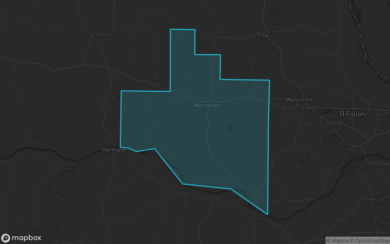Map of Warren County, Missouri showing the county boundary and surrounding cities