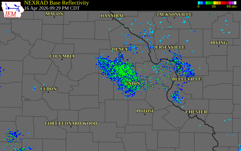 NEXRAD radar during the Thursday, April 16, 2026 storm activity in Warren County, Missouri