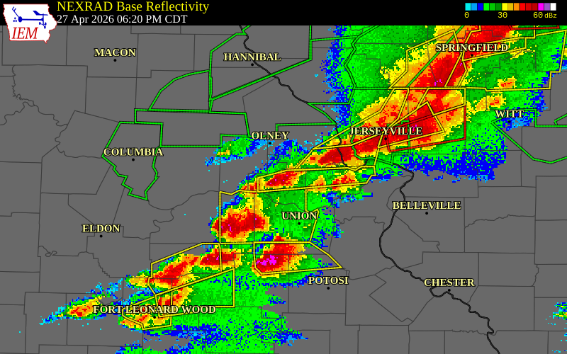 NEXRAD radar during the Monday, April 27, 2026 storm activity in Warren County, Missouri