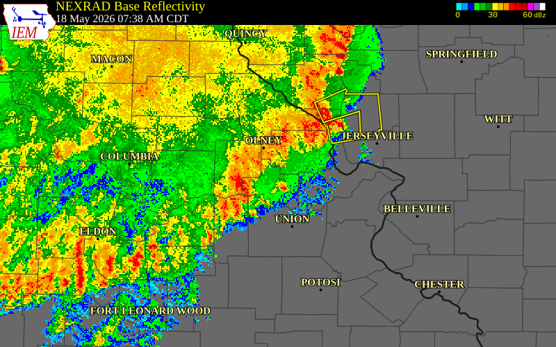 NEXRAD radar during the Monday, May 18, 2026 storm activity in Warren County, Missouri