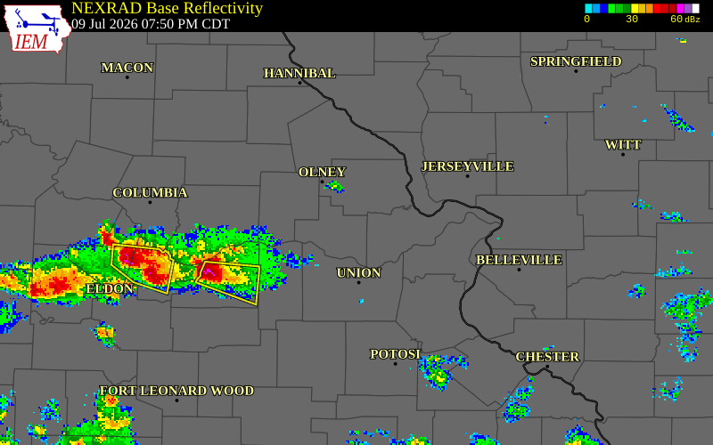 NEXRAD radar during the Thursday, July 9, 2026 storm activity in Warren County, Missouri