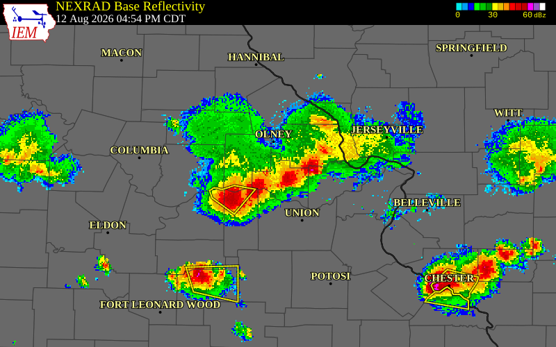 NEXRAD radar during the Wednesday, August 12, 2026 storm activity in Warren County, Missouri