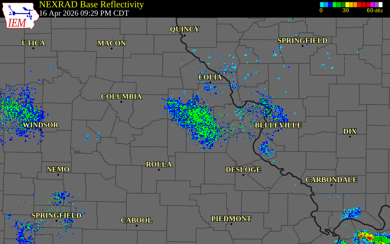 Radar snapshot during the Apr 16, 2026 tornado event near 3 WNW Treloar, Warren County, Missouri, with NWS warning polygons