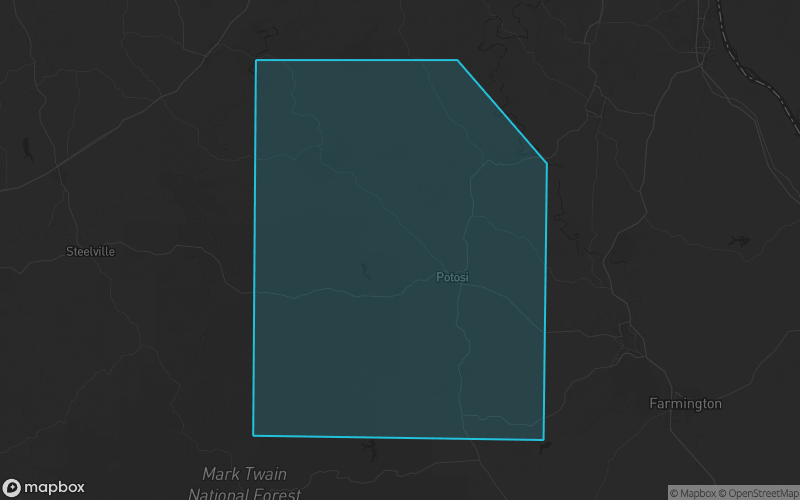 Map of Washington County, Missouri showing the county boundary and surrounding cities