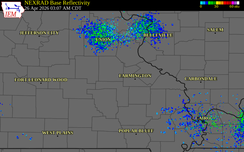 NEXRAD radar during the Sunday, April 26, 2026 storm activity in Washington County, Missouri