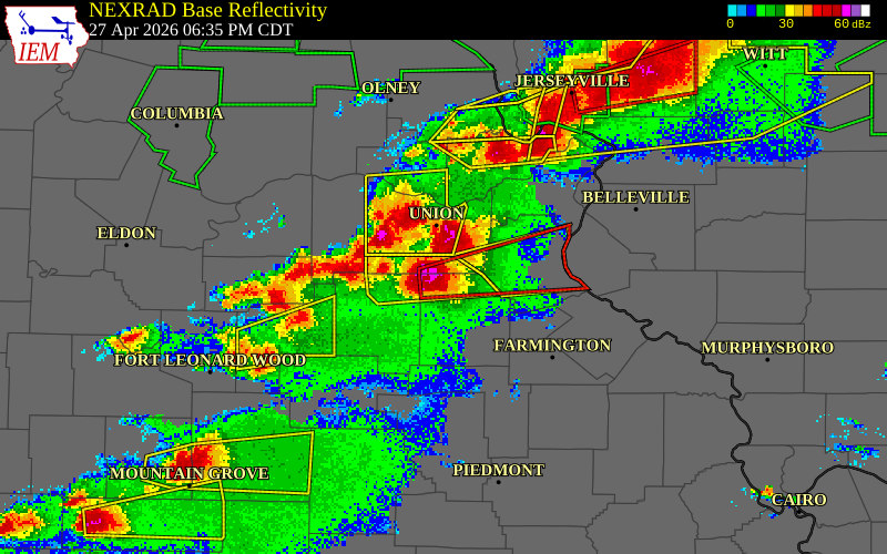 NEXRAD radar during the Monday, April 27, 2026 storm activity in Washington County, Missouri