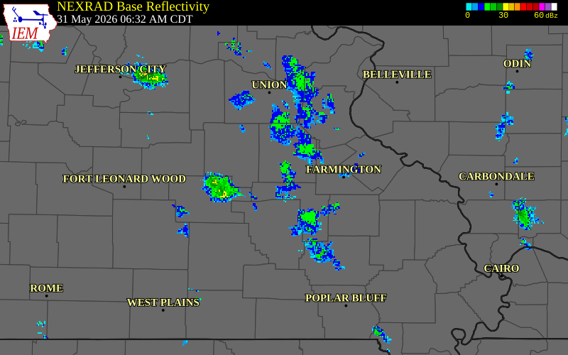 NEXRAD radar during the Sunday, May 31, 2026 storm activity in Washington County, Missouri