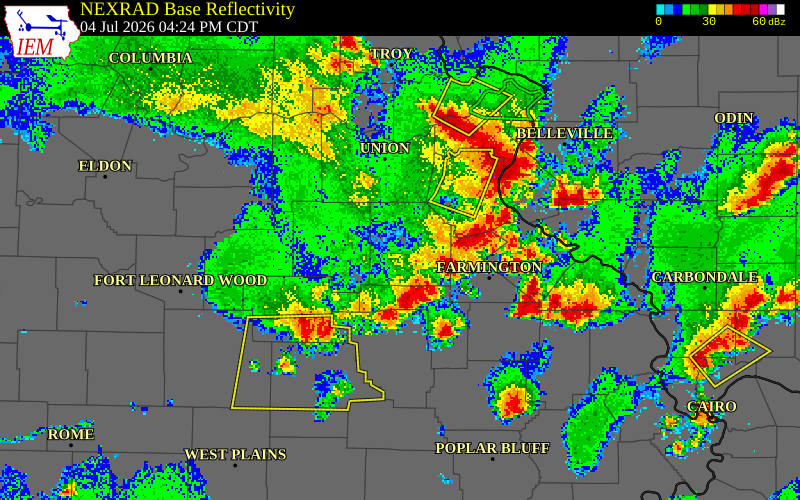 NEXRAD radar during the Saturday, July 4, 2026 storm activity in Washington County, Missouri