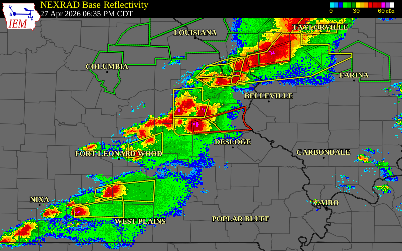 Radar snapshot during the Apr 27, 2026 hail event near 8 SSW Piney Park, Washington County, Missouri, with NWS warning polygons