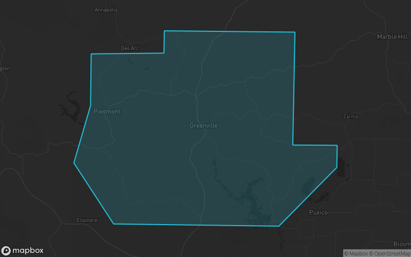Map of Wayne County, Missouri showing the county boundary and surrounding cities