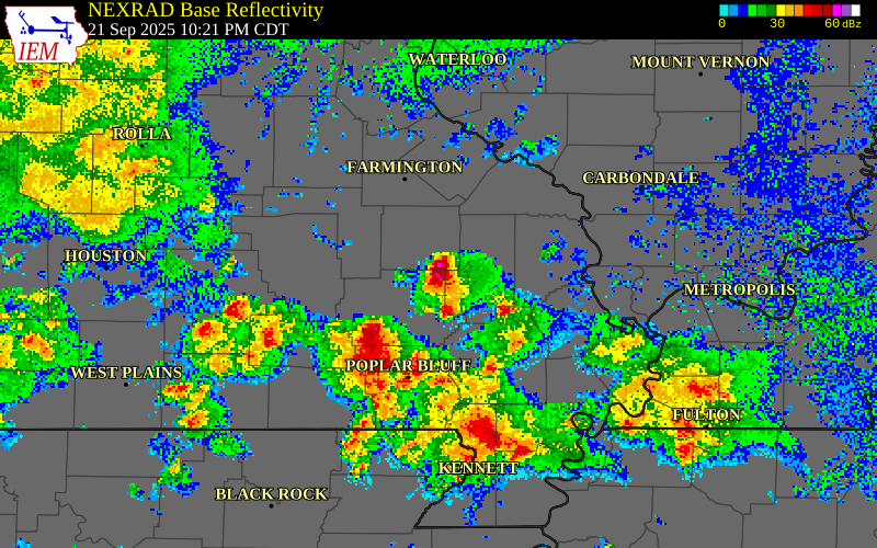 NEXRAD radar during the Sunday, September 21, 2025 storm activity in Wayne County, Missouri