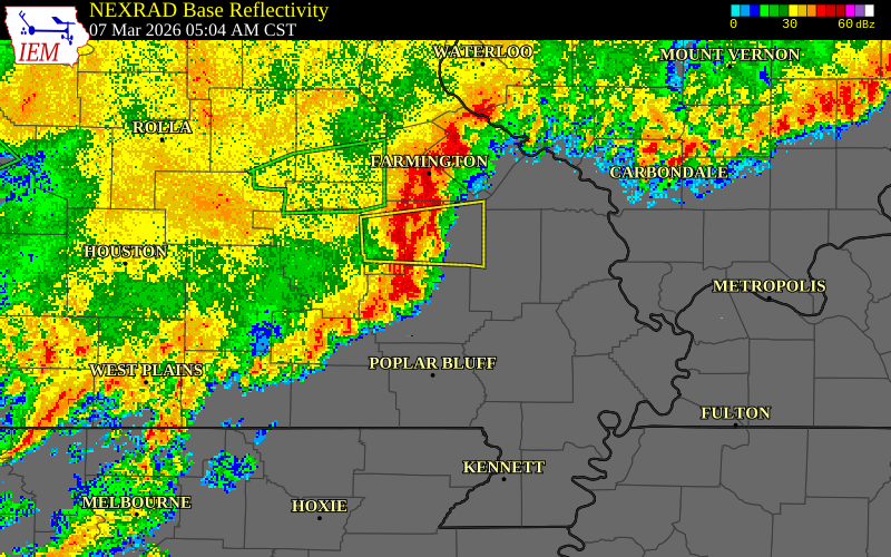NEXRAD radar during the Saturday, March 7, 2026 storm activity in Wayne County, Missouri